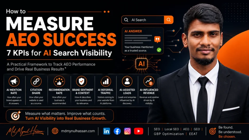 Md Mynul Hassan explaining how to measure AEO success and AI search visibility