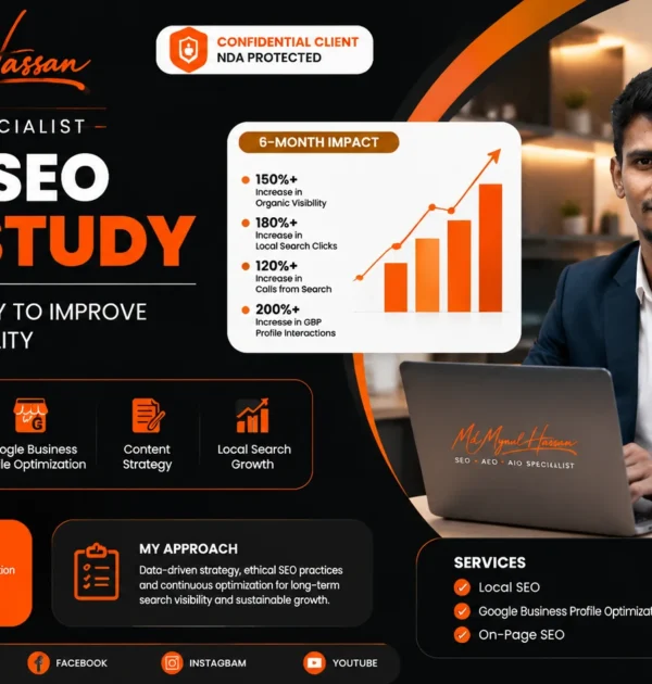 Local SEO case study showing a 6 month search visibility strategy by Md Mynul Hassan