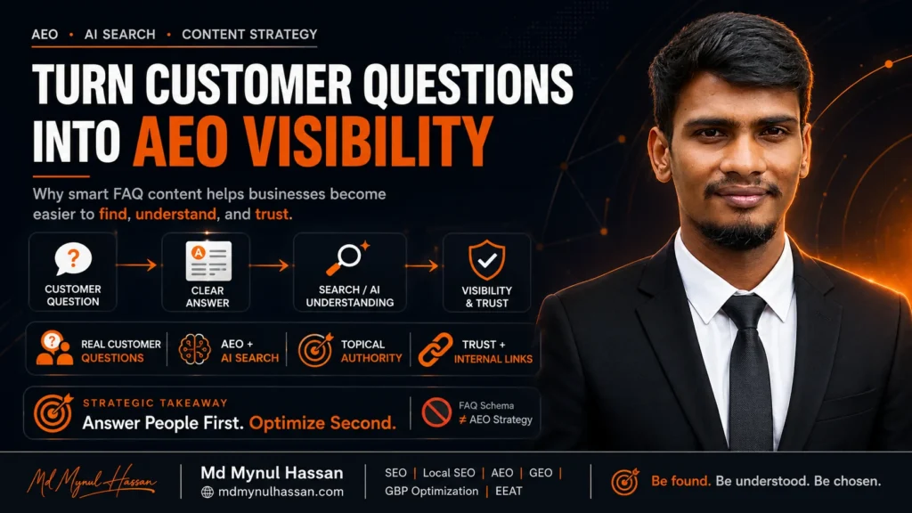 Md Mynul Hassan explaining how customer questions can become AEO and AI Search visibility through useful FAQ content