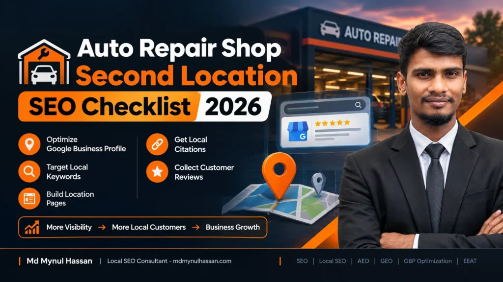Auto repair shop second location SEO checklist showing a new garage location and local search strategy