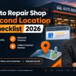 Auto repair shop second location SEO checklist showing a new garage location and local search strategy