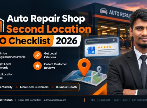 Auto repair shop second location SEO checklist showing a new garage location and local search strategy