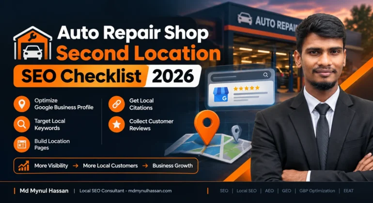 Auto repair shop second location SEO checklist showing a new garage location and local search strategy