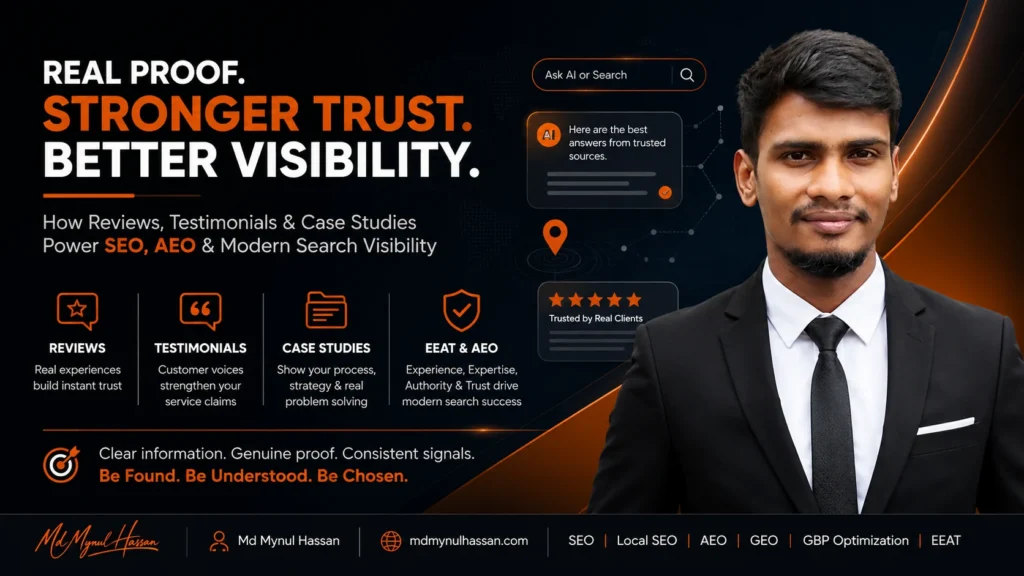 Md Mynul Hassan explaining how reviews, testimonials, and case studies support AEO, SEO, EEAT, and search visibility