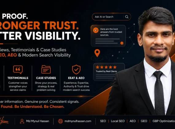 Md Mynul Hassan explaining how reviews, testimonials, and case studies support AEO, SEO, EEAT, and search visibility