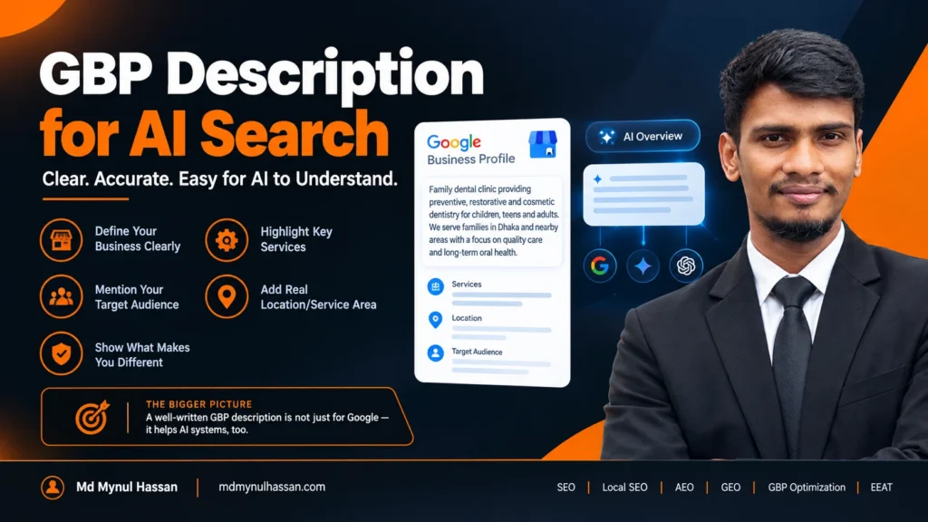 Google Business Profile description showing clear business services and location information for AI search