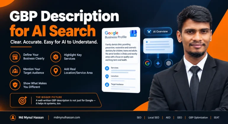 Google Business Profile description showing clear business services and location information for AI search