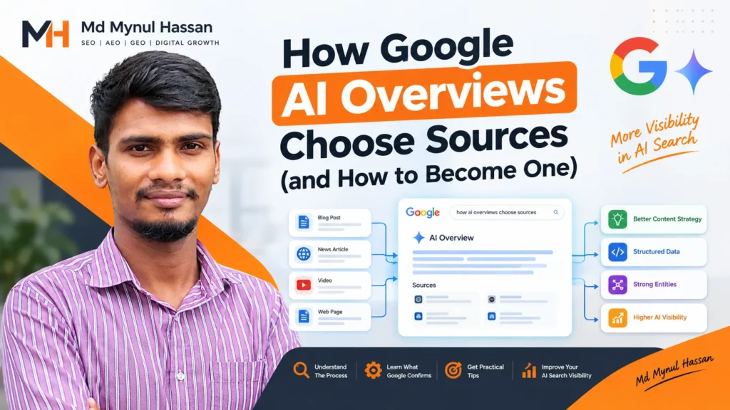 Google AI Overviews source selection workflow showing related searches, web pages, and cited sources by Md Mynul Hassan