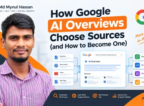 Google AI Overviews source selection workflow showing related searches, web pages, and cited sources by Md Mynul Hassan