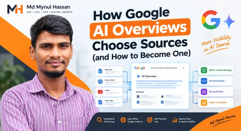Google AI Overviews source selection workflow showing related searches, web pages, and cited sources by Md Mynul Hassan