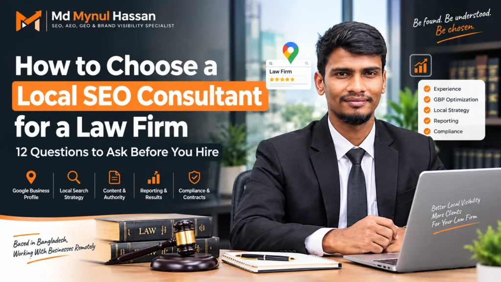Law firm owner reviewing local SEO consultant questions before hiring by Md Mynul hassan