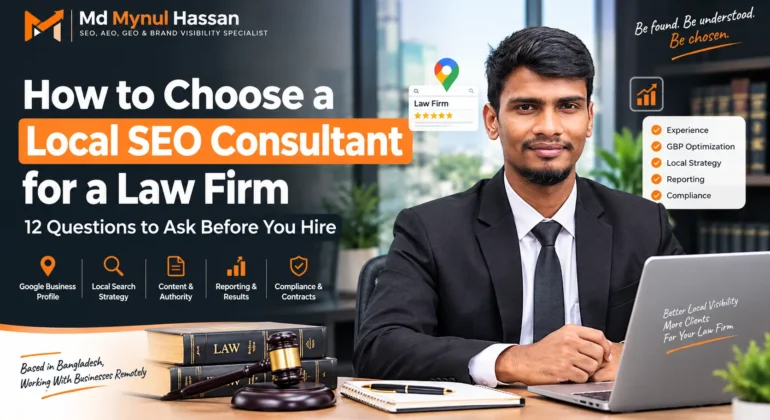 Law firm owner reviewing local SEO consultant questions before hiring by Md Mynul hassan