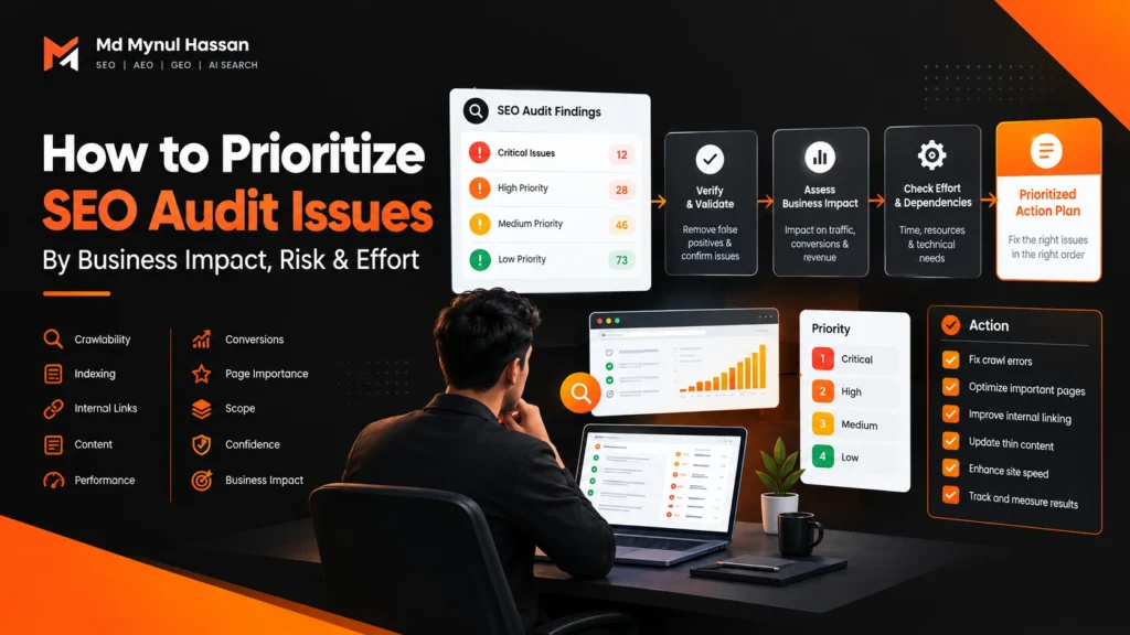 SEO audit prioritization framework showing business impact, scope, evidence, effort, and priority levels. Md Mynul Hassan