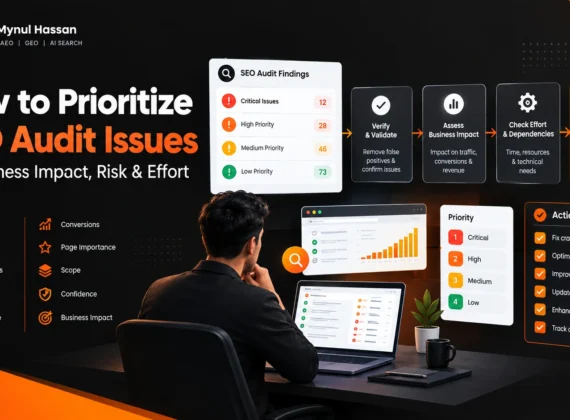 SEO audit prioritization framework showing business impact, scope, evidence, effort, and priority levels. Md Mynul Hassan
