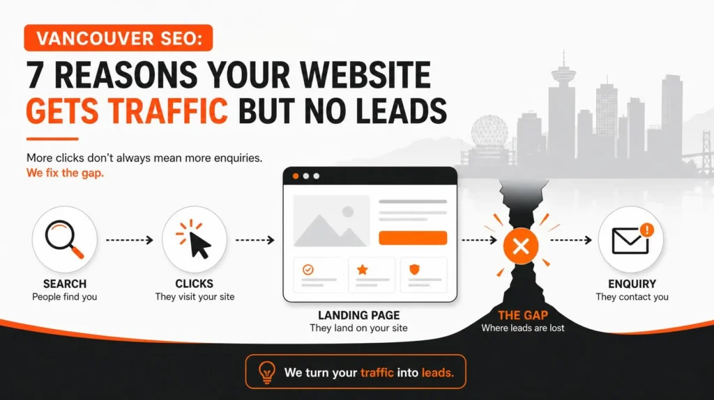 Illustration of website traffic, a landing page and an enquiry bottleneck for a Vancouver business.