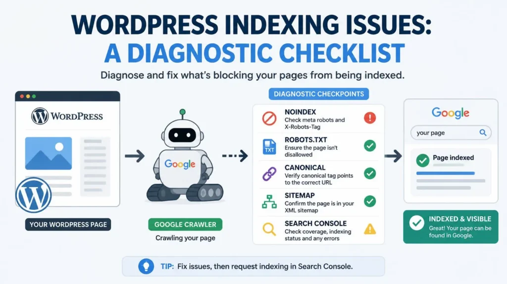 Fix WordPress indexing issues with a status-by-status checklist for noindex, robots.txt, canonicals, sitemaps, Search Console, redirects, and crawl errors.