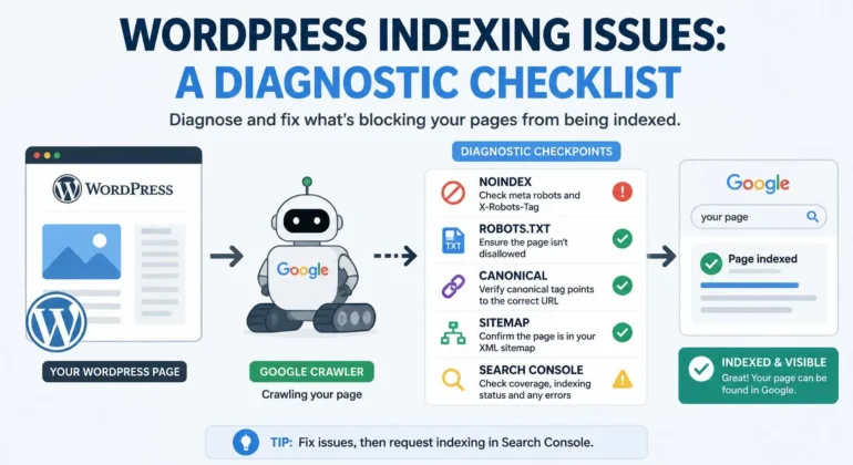 Fix WordPress indexing issues with a status-by-status checklist for noindex, robots.txt, canonicals, sitemaps, Search Console, redirects, and crawl errors.