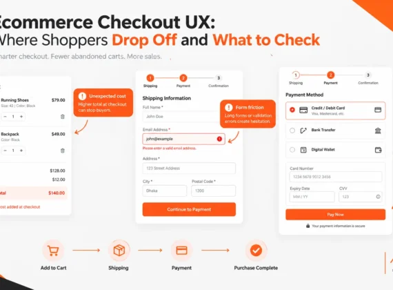 Ecommerce checkout UX showing cart, checkout form, payment step and shopper drop-off points