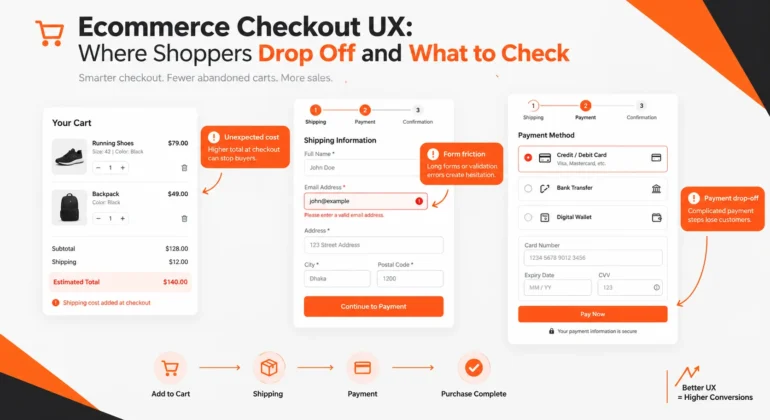 Ecommerce checkout UX showing cart, checkout form, payment step and shopper drop-off points