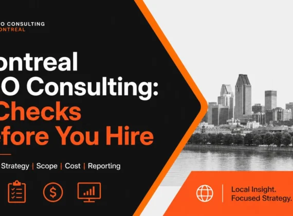 Montreal seo Consultant skyline with an English and French search strategy graphic