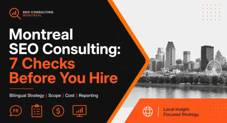 Montreal seo Consultant skyline with an English and French search strategy graphic