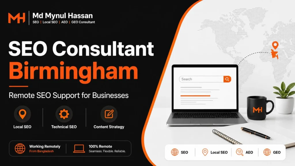 Remote SEO consulting graphic for Birmingham businesses, showing Local SEO, technical SEO and content strategy
