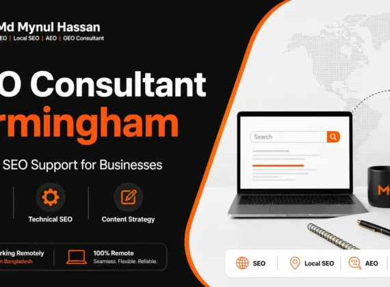 Remote SEO consulting graphic for Birmingham businesses, showing Local SEO, technical SEO and content strategy