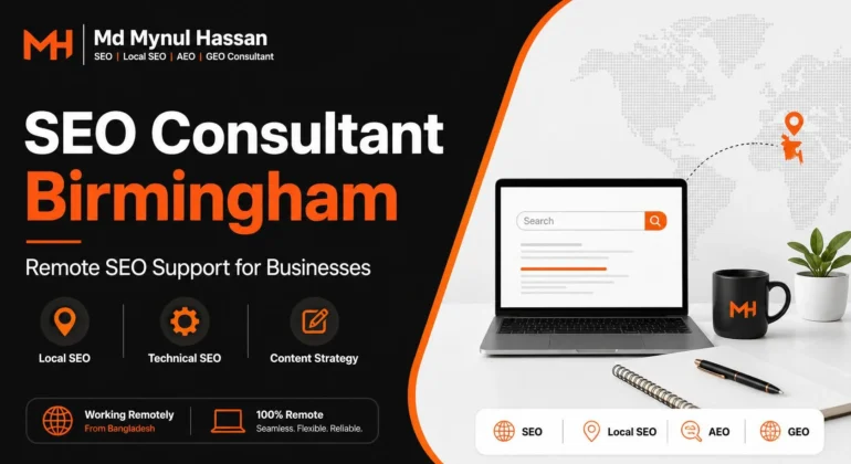 Remote SEO consulting graphic for Birmingham businesses, showing Local SEO, technical SEO and content strategy