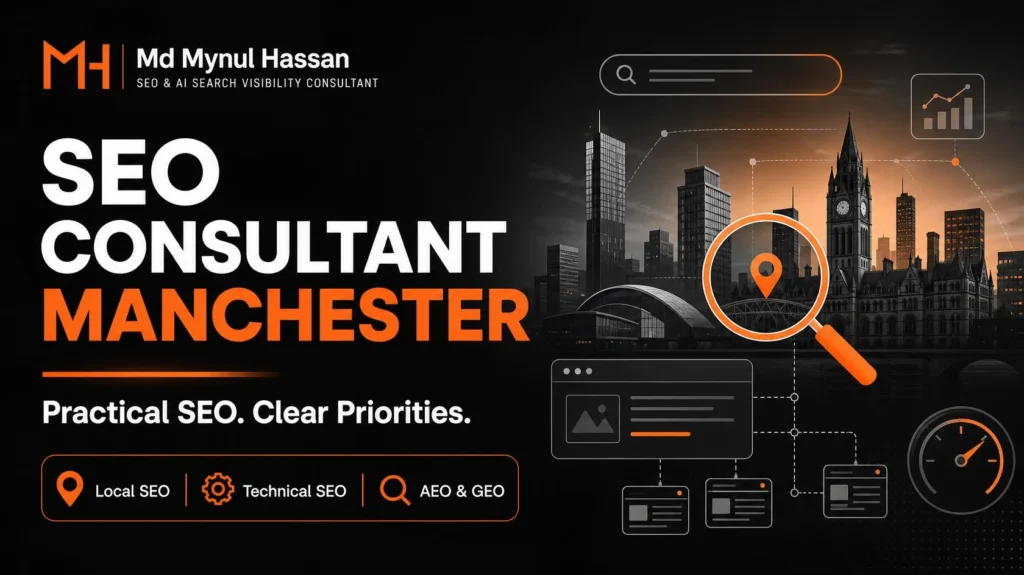 SEO consultant in Manchester service graphic for remote SEO support by Md Mynul Hassan