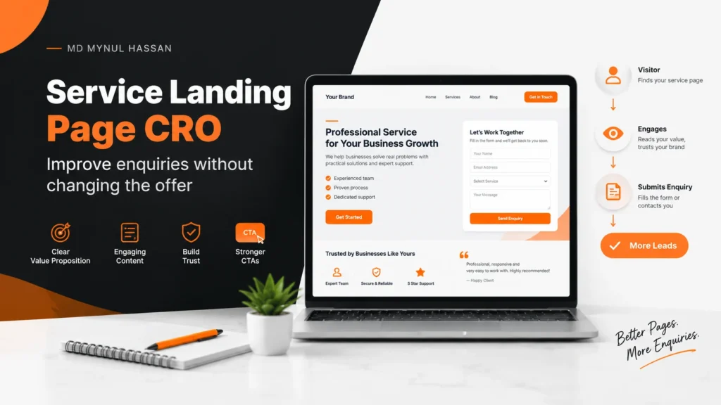 Service landing page CRO showing a conversion-focused service page, CTA, trust signals, contact form and enquiry flow