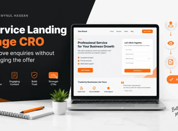 Service landing page CRO showing a conversion-focused service page, CTA, trust signals, contact form and enquiry flow